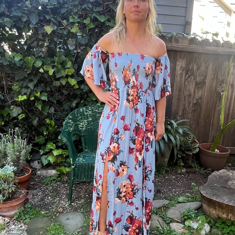 Blu Pepper Maxi Dress floral off the shoulder.